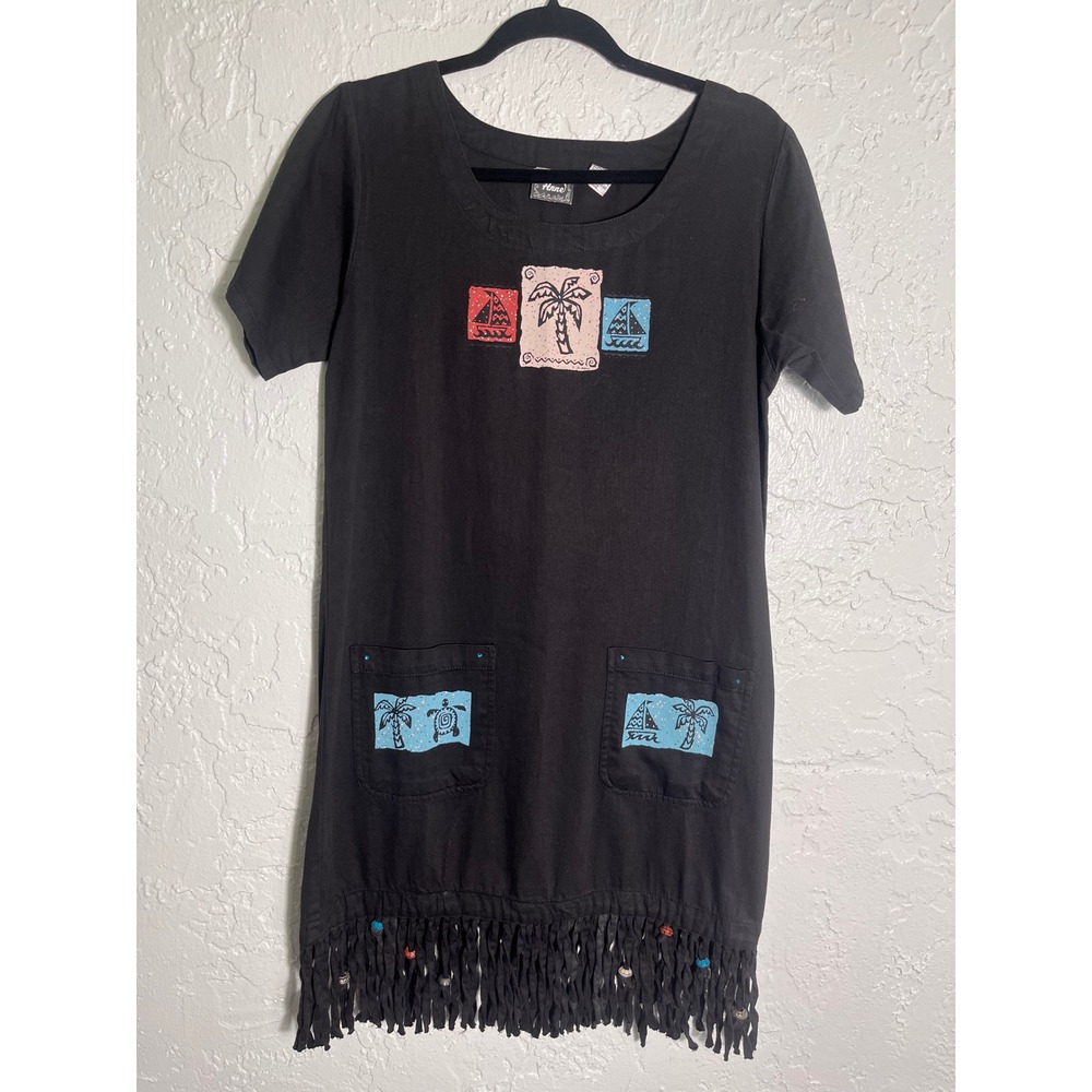 By‎ Anne Black Fringe Tunic Dress Womens S Tropical Patch Pocket Cotton Boho - Picture 2 of 7